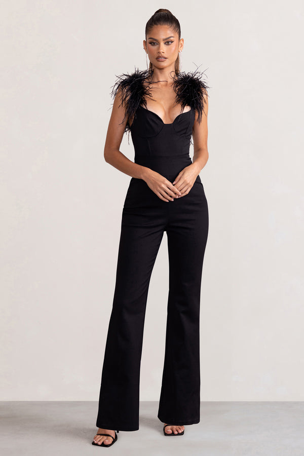 club l Verity Black Feather Shoulder Corset Style Jumpsuit