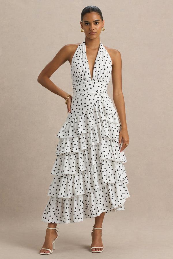 Club L Violet White Polka Dot Linen Midi Dress With Halter-Neck And Ruffled Skirt