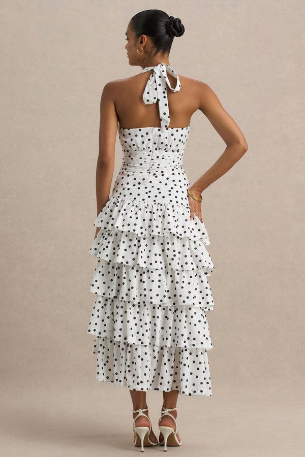 Club L Violet White Polka Dot Linen Midi Dress With Halter-Neck And Ruffled Skirt