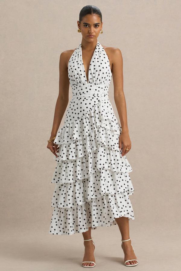 Club L Violet White Polka Dot Linen Midi Dress With Halter-Neck And Ruffled Skirt