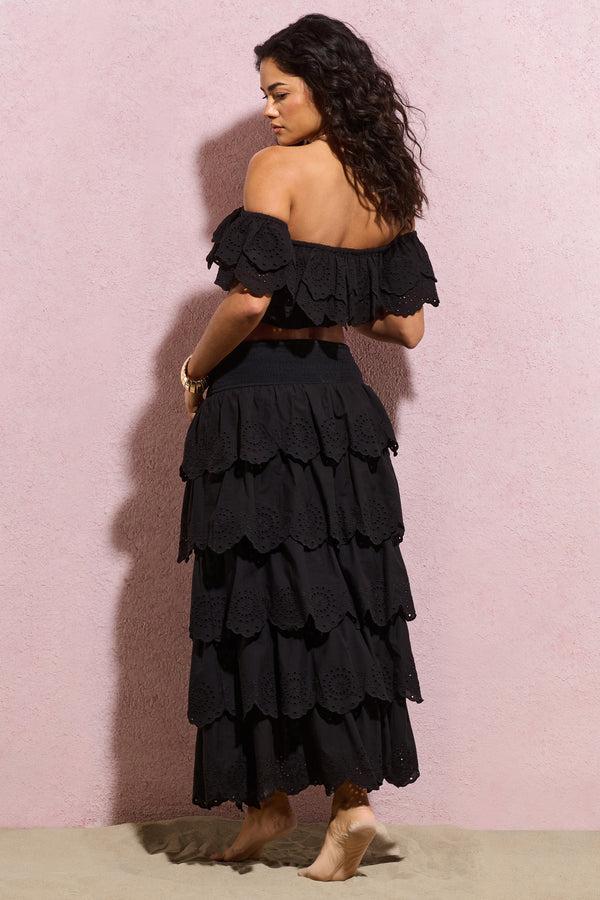 Club L Vista Black Broderie Ruffled Tiered Maxi Skirt
