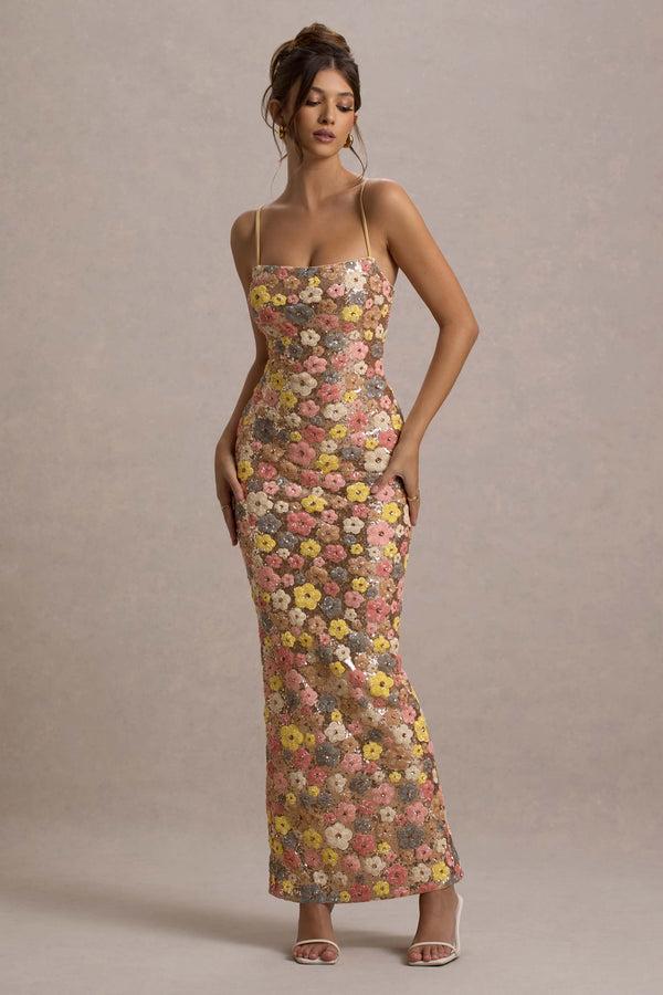 Club L Vitora Pastel Floral Print Sequin Square-Neck Maxi Dress