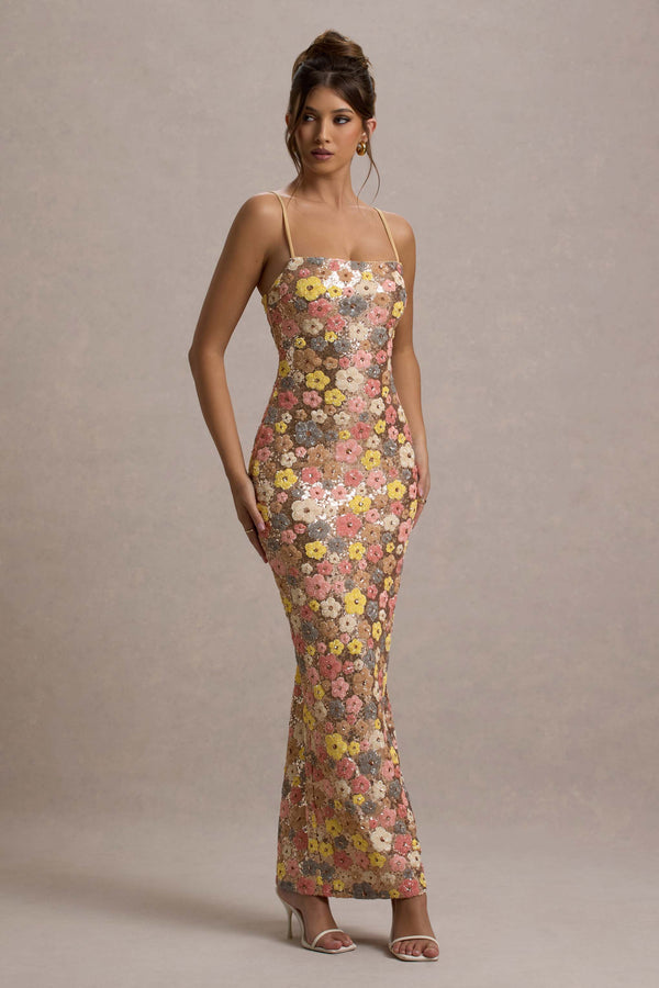 club l Vitora Pastel Floral Print Sequin Square-Neck Maxi Dress