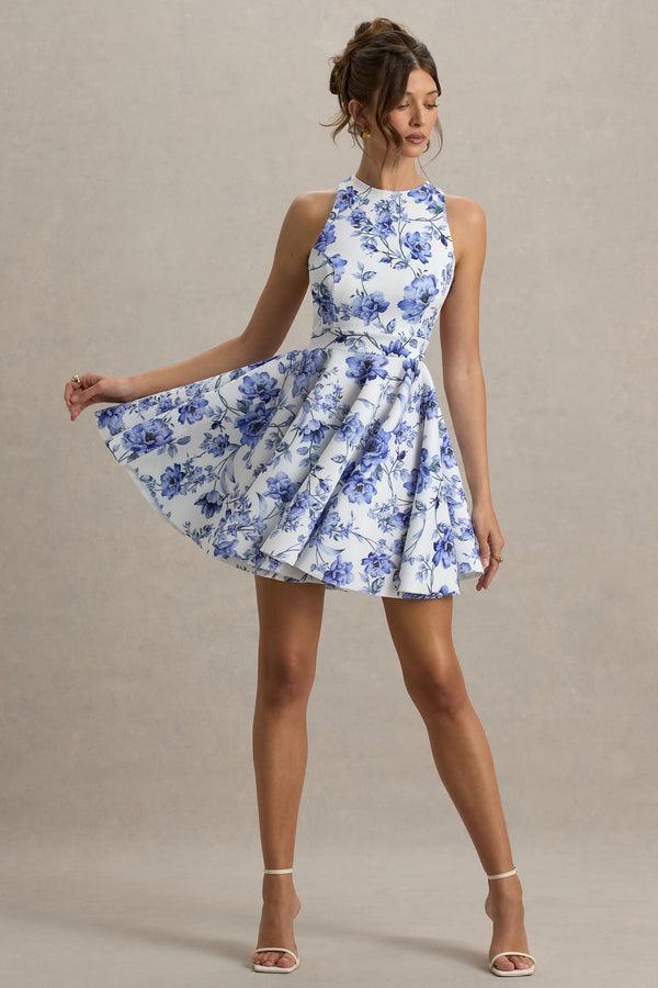 Club L Waverly Blue Floral Racer-Neck Sleeveless Skater Mini Dress