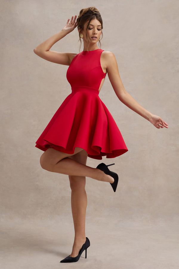 Club L Waverly Red Racer-Neck Sleeveless Skater Mini Dress