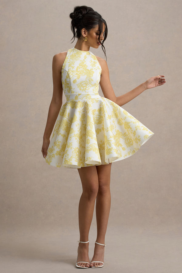 Club L Waverly Yellow Porcelain Print Racer-Neck Sleeveless Skater Mini Dress