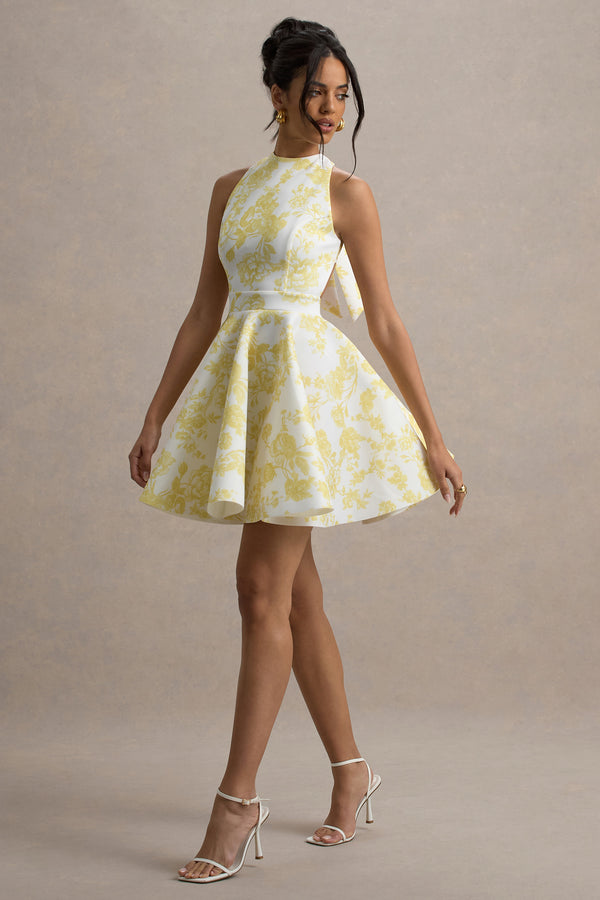 club l Waverly Yellow Porcelain Print Racer-Neck Sleeveless Skater Mini Dress