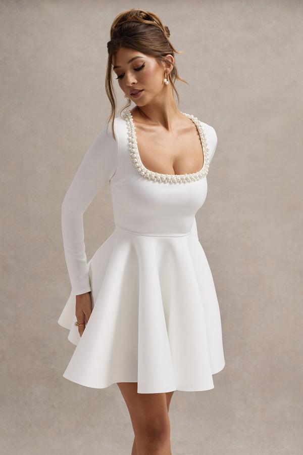 Club L Wilder White Square-Neck Long-Sleeve Skater Mini Dress