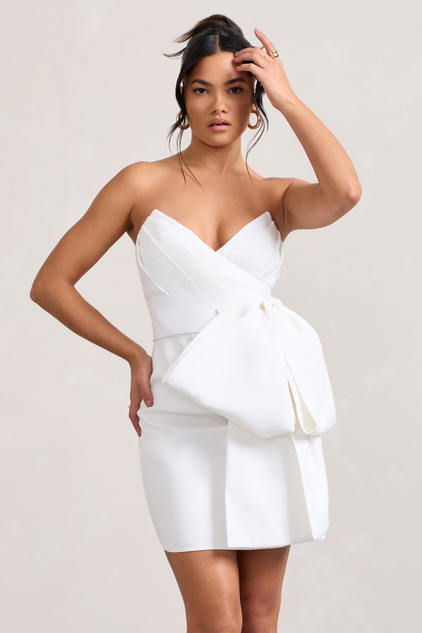 Club L Winner White Bandeau Mini Dress With Oversized Bow