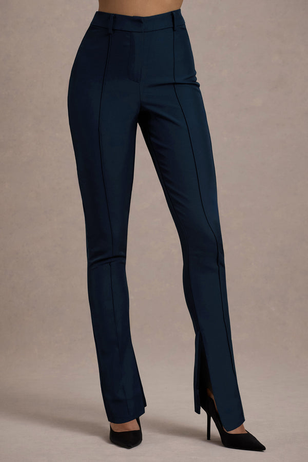 Club L Wonder Woman Navy High Waist Straight Leg Trousers With Hem Split