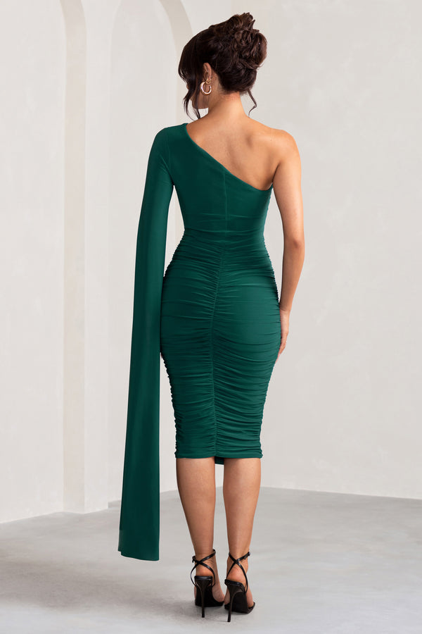Club L Yara Bottle Green One Shoulder Cape Ruched Midi Dress
