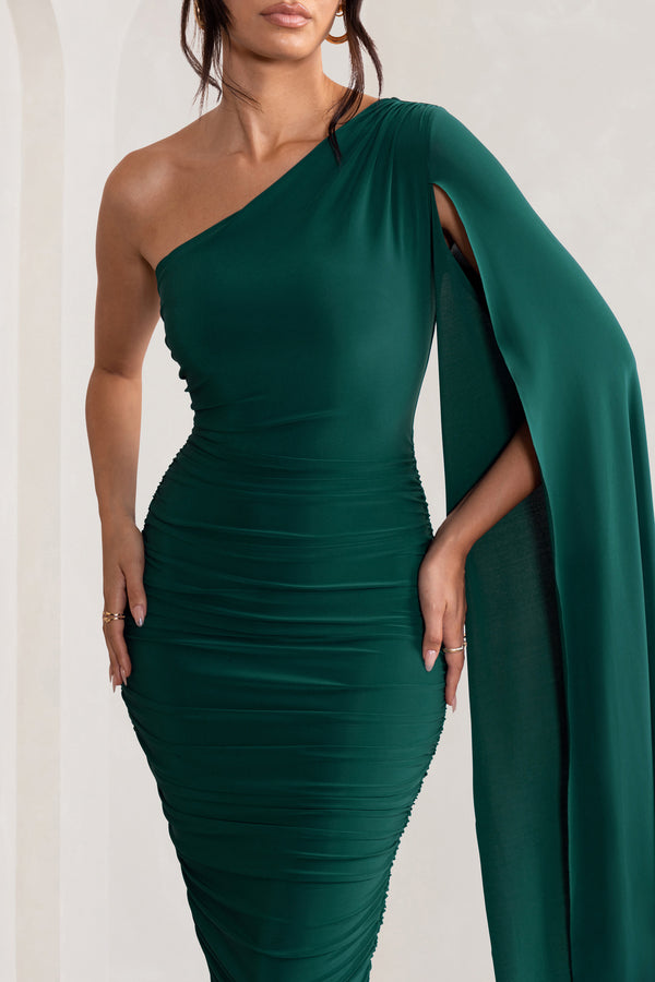 Club L Yara Bottle Green One Shoulder Cape Ruched Midi Dress
