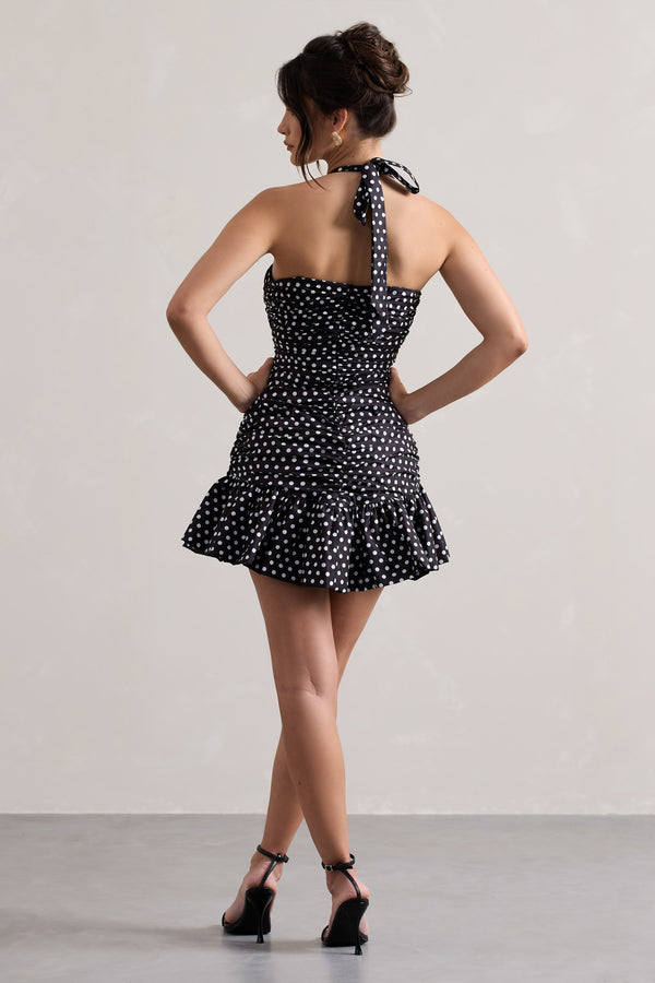 Club L Zahra Black & White Polka Dot Halter-Neck Ruched Mini Dress With Ruffle Hem