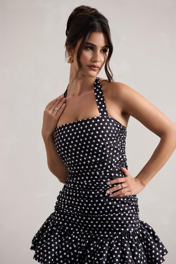 Club L Zahra Black & White Polka Dot Halter-Neck Ruched Mini Dress With Ruffle Hem