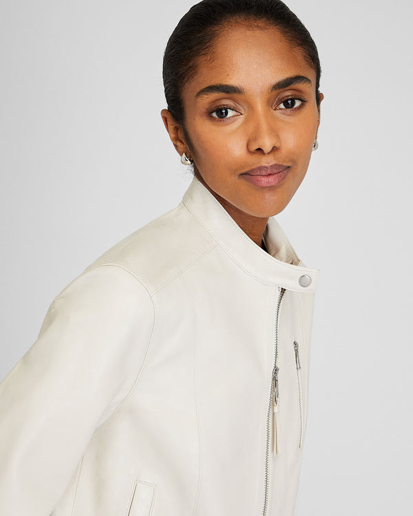 Club Monaco Band Collar Cropped Leather Jacket Off White