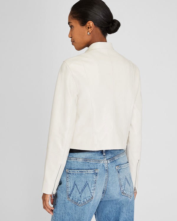 Club Monaco Band Collar Cropped Leather Jacket Off White