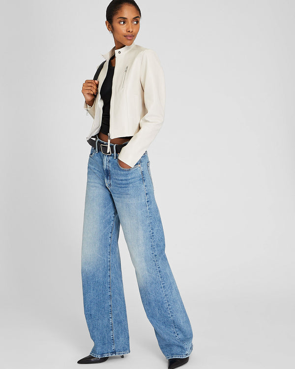 Club Monaco Band Collar Cropped Leather Jacket Off White