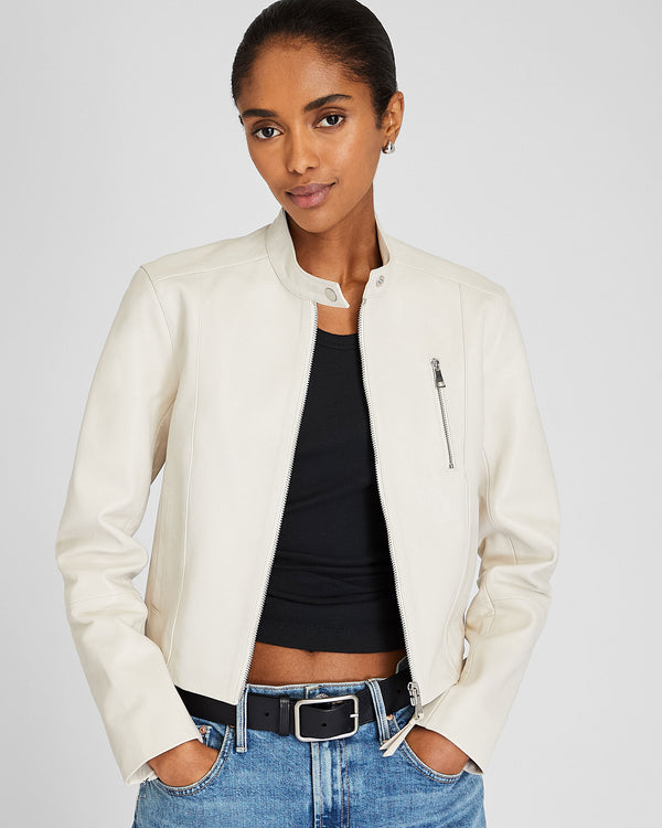 club monaco Band Collar Cropped Leather Jacket Off White