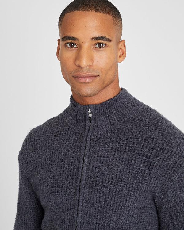 Club Monaco Bouclé Waffle Stitch Full Zip Sweater Blue