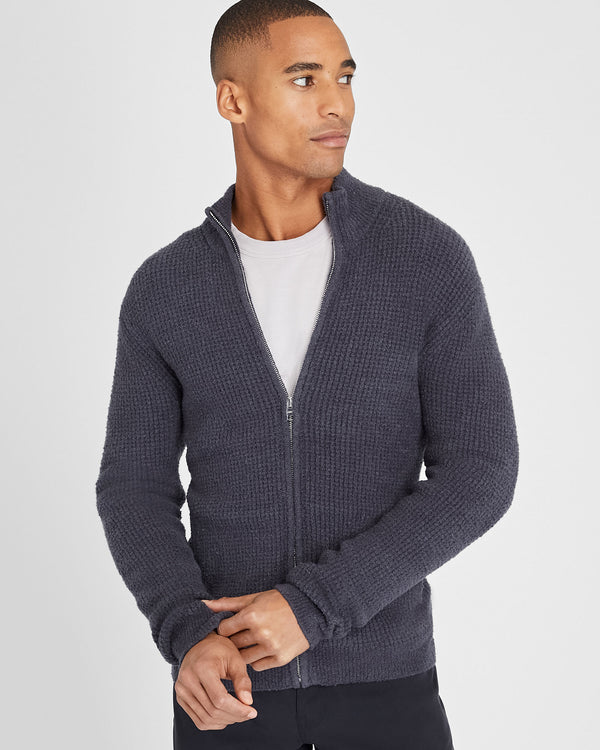 club monaco Bouclé Waffle Stitch Full Zip Sweater Blue