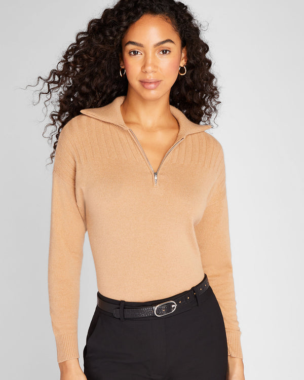 club monaco Cashmere Ribbed Quarter-Zip Sweater Latte