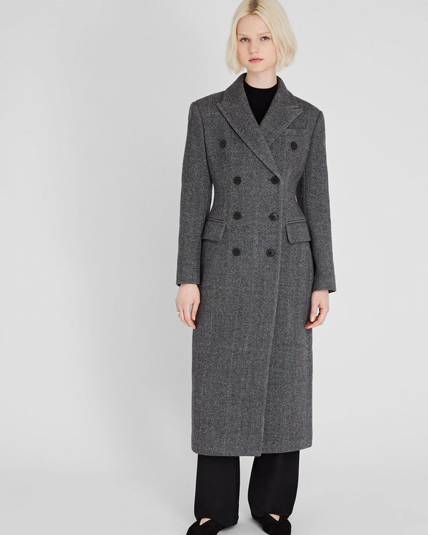 Club Monaco Cinched Waist Herringbone Twill Coat Charcoal