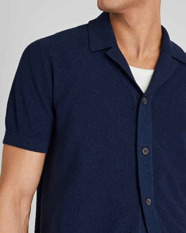 Club Monaco Bouclé Camp Collar Sweater Polo Navy