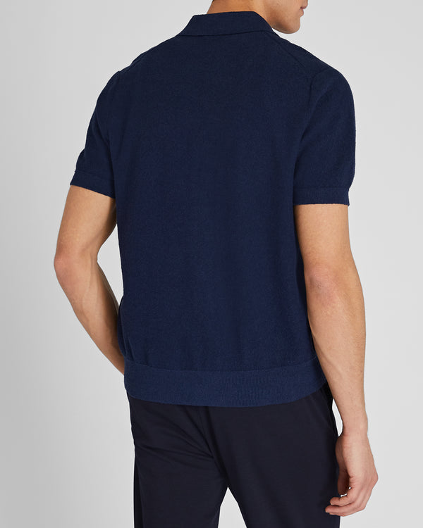 Club Monaco Bouclé Camp Collar Sweater Polo Navy