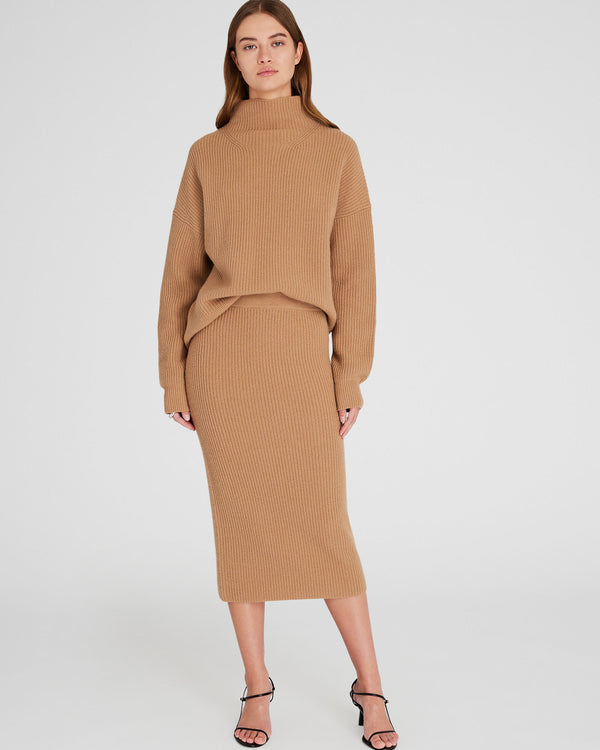 club monaco Cashmere Ribbed Midi Skirt Camel
