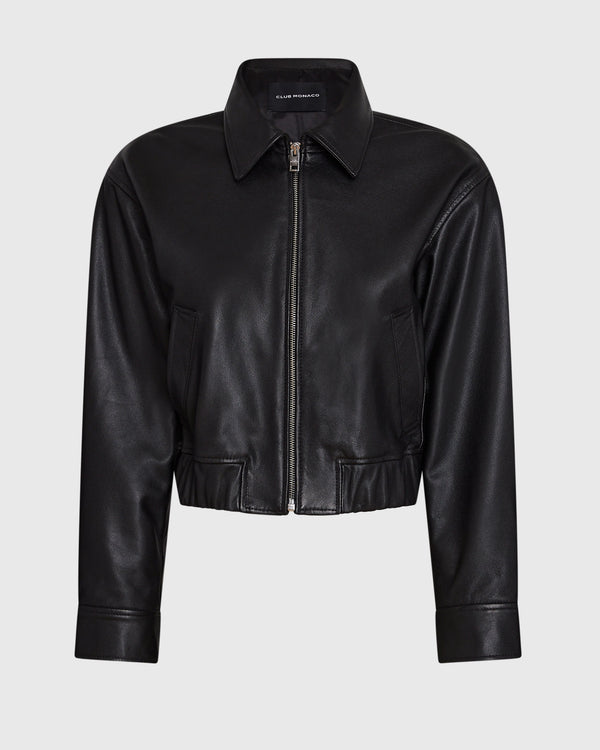 Club Monaco Leather Bomber Jacket Black
