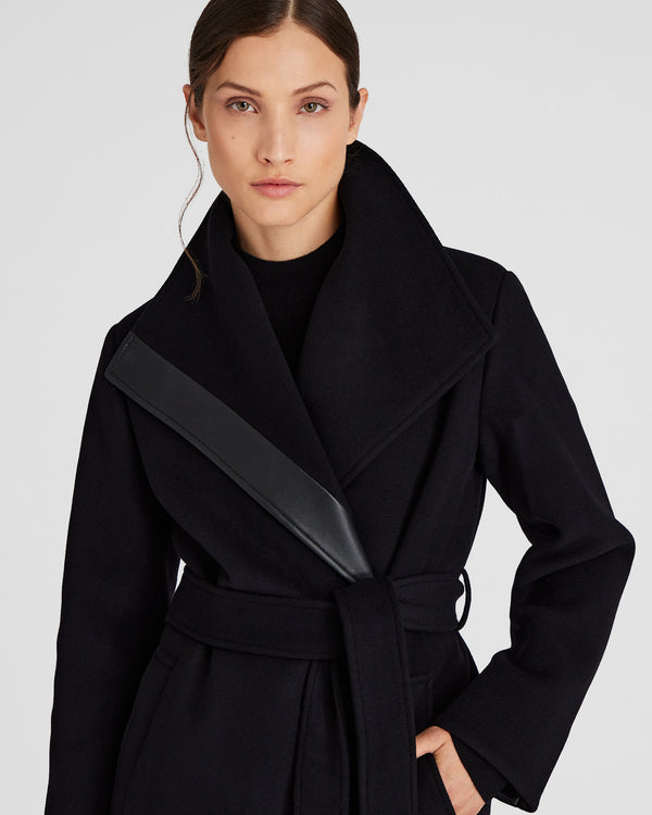 Club Monaco Leather Detail Wrap Coat Black