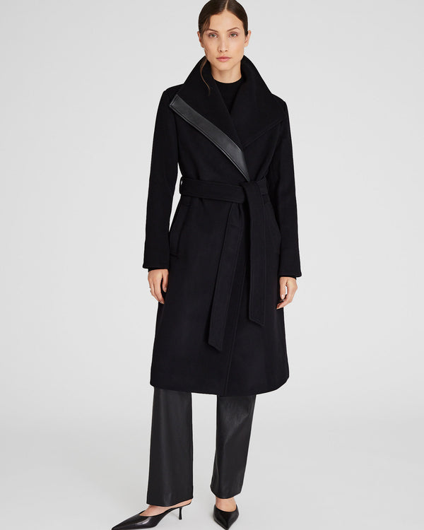 Club Monaco Leather Detail Wrap Coat Black
