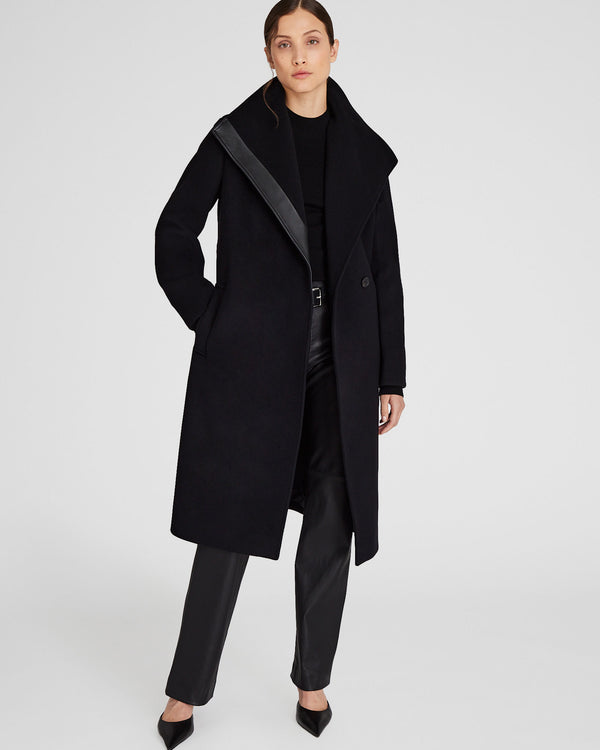 club monaco Leather Detail Wrap Coat Black