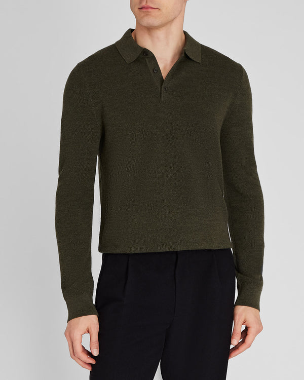 club monaco Long-Sleeve Stitch Wool Polo Olive