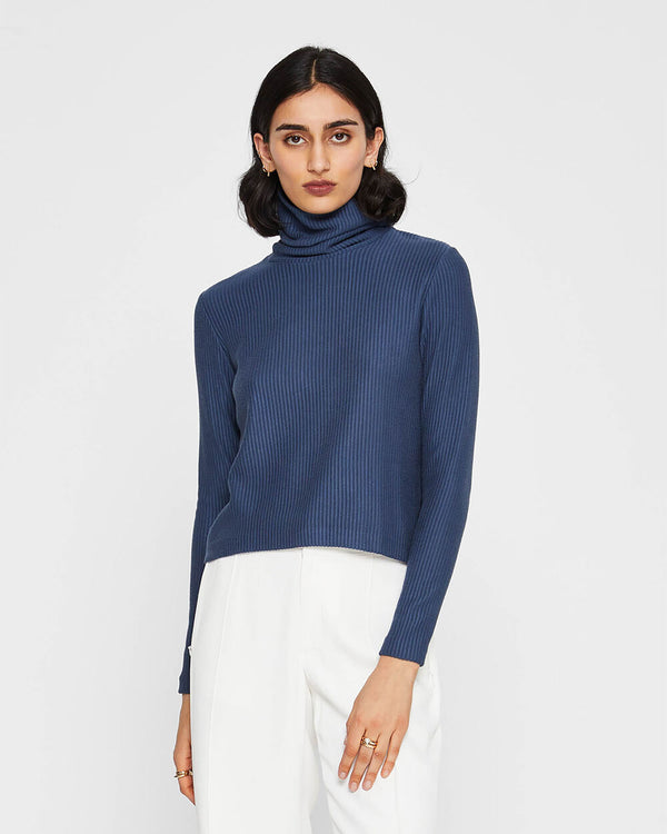 club monaco Meredy Rib-Knit Turtleneck Top Navy