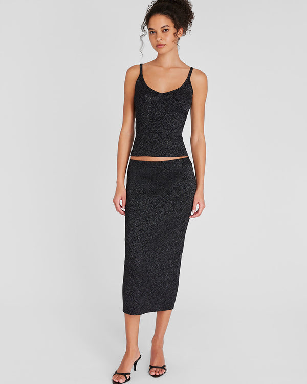 club monaco Metallic Ribbed-Knit Midi Skirt Black