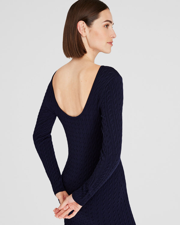 Club Monaco Open Back Cable-Knit Midi Dress Navy