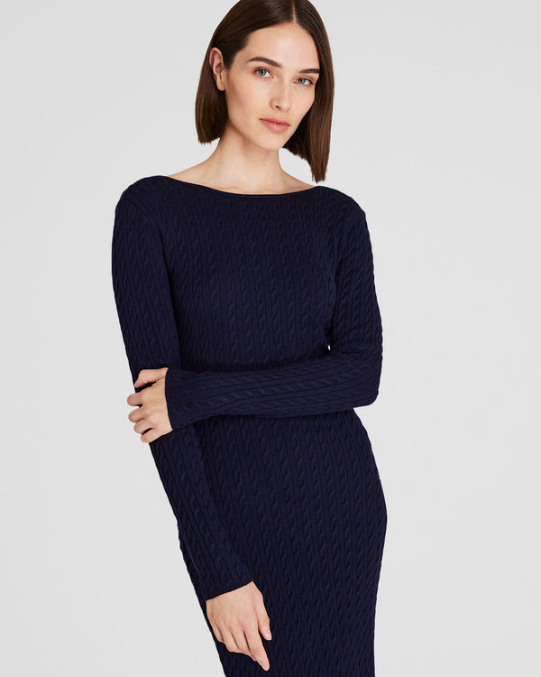 Club Monaco Open Back Cable-Knit Midi Dress Navy