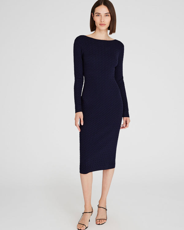 club monaco Open Back Cable-Knit Midi Dress Navy