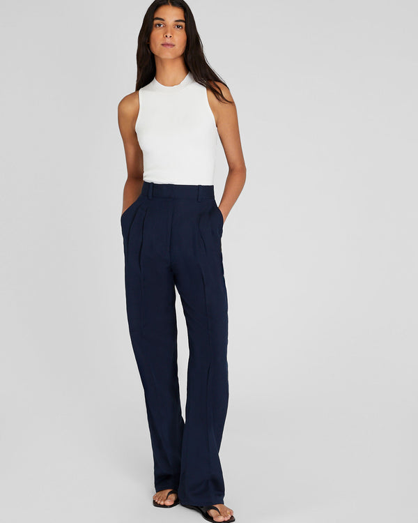 club monaco Pleated Linen Blend Trouser Navy