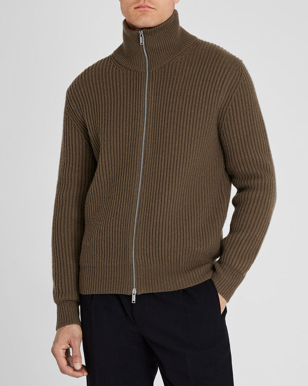 club monaco Rib-Stitch Full-Zip Sweater Olive