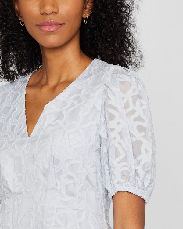 Club Monaco Textured Puff Sleeve V-Neck Dress Blue