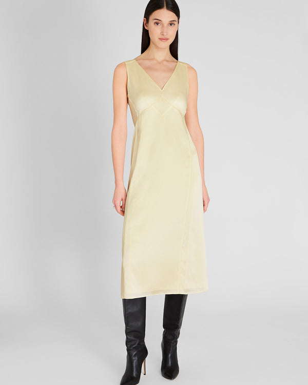 club monaco Deconstructed Satin Slip Midi Dress Pale Yellow