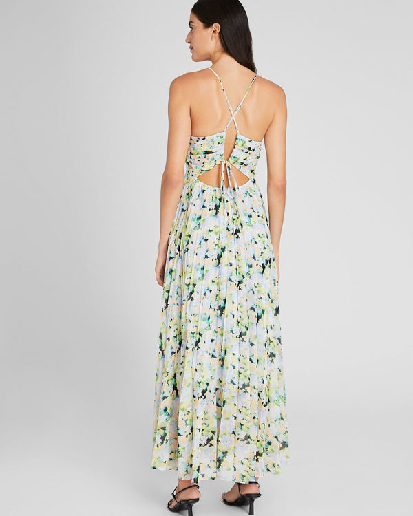 Club Monaco Floral Pleated Tie Back Maxi Dress Multi