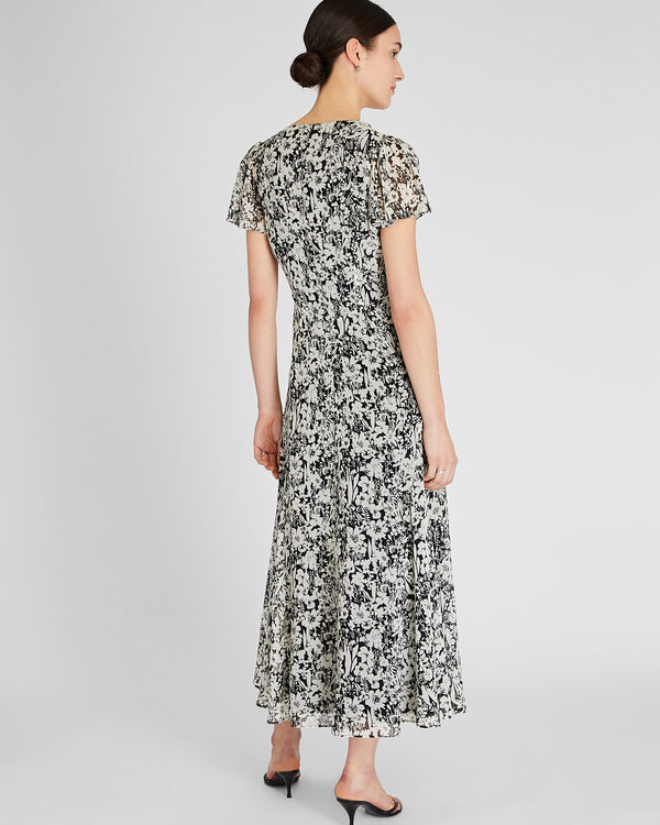 Club Monaco Flutter Sleeve Midi Dress Black Grand Print