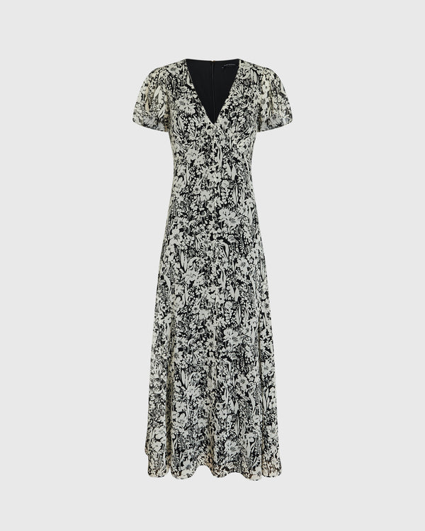 Club Monaco Flutter Sleeve Midi Dress Black Grand Print