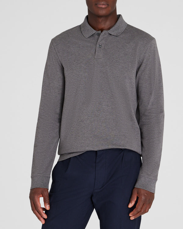 club monaco Long-Sleeve Heathered Piqué Polo Salt and Pepper Melange