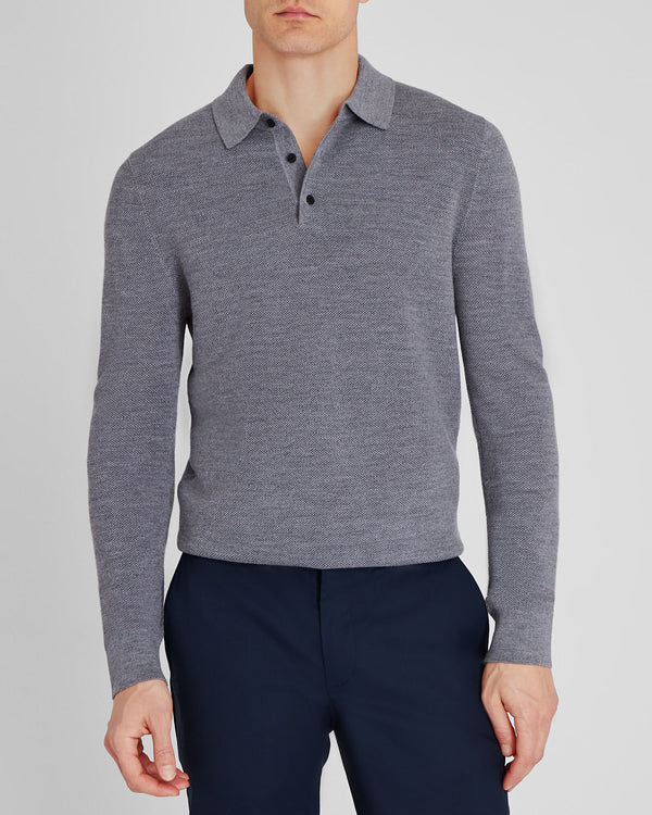 club monaco Long-Sleeve Stitch Wool Polo Medium Heather Grey