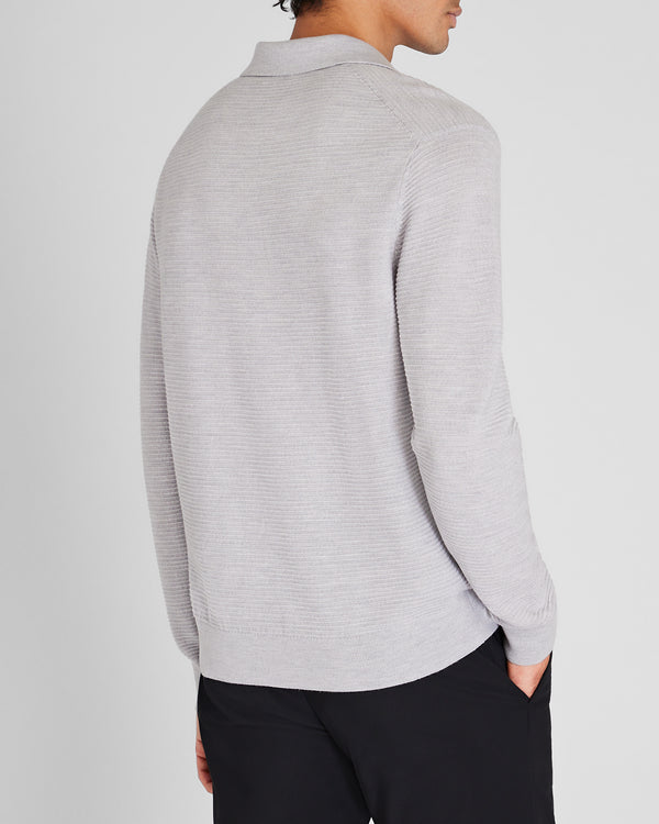 Club Monaco Long-Sleeve Textured Johnny Collar Knit Polo Light Grey Mix