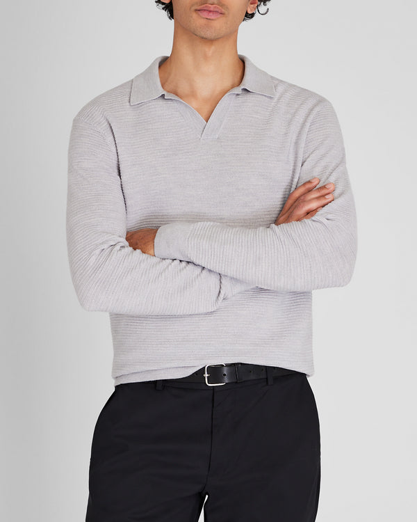 club monaco Long-Sleeve Textured Johnny Collar Knit Polo Light Grey Mix